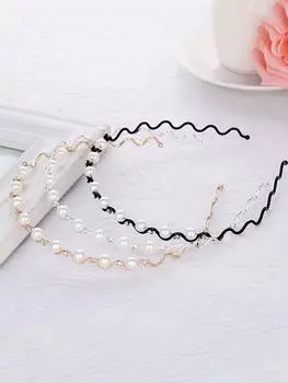 Модный металлический ободок для волос с жемчугом и стразами для девочек, тонкий элегантный нескользящий волнистый обруч для волос цвета золотистого, серебряного цвета, головные уборы, аксессуары для волос золотой