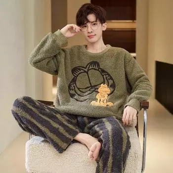 Модный милый дизайн пижамный костюм мужской осень зима коралловый флис утолщенный теплый мягкий мужской флисовый термо молодежный домашний комплект L