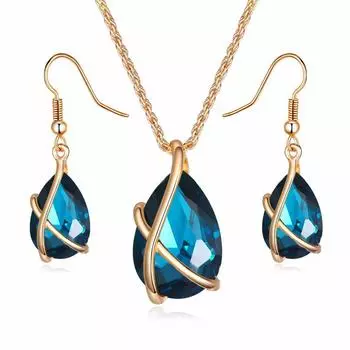 Модный многоцветный комплект ювелирных изделий с каплями воды и кристаллами, женское ожерелье с подвеской, серьги, свадебные аксессуары королевский синий