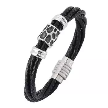 Модный многослойный браслет из натуральной кожи с застежкой из нержавеющей стали, браслет-подвеска 165mm чёрный