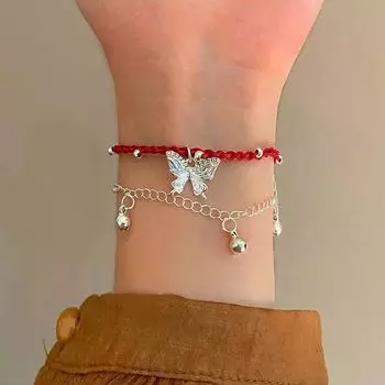 Модный многослойный браслет-колокольчик в форме бабочки, плетеный красный регулируемый браслет из веревки, женские ювелирные изделия, подарки друзьям.
