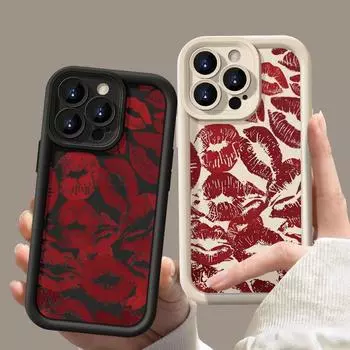 Модный мягкий чехол для телефона с принтом красных губ TPU для iPhone 16 Pro Max 15 Plus 14 Pro 13 12 11 XR XS 8 7, защита объектива, противоударный матовый бампер iPhone 16 чёрный