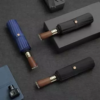 Модный мужской автоматический зонт с деревянной ручкой, защита от ультрафиолета, ветрозащитный складной солнцезащитный козырек двойного назначения, деловые зонты чёрный