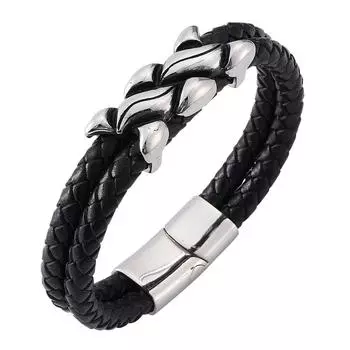 Модный мужской браслет из нержавеющей стали, элегантный небольшой, украшение из натуральной кожи, двухслойный браслет для рук 165mm чёрный