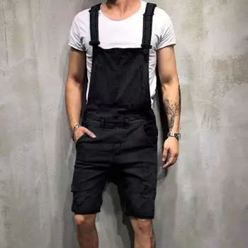 Модный мужской джинсовый комбинезон на бретелях, джинсовые шорты, популярная рабочая одежда XXXL чёрный
