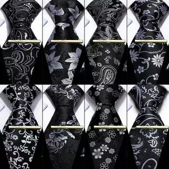 Модный мужской галстук, черно-белый шелковый галстук с цветочным принтом, пейсли, носовой платок, запонки и зажим для галстука, набор N-6132