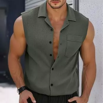 Модный мужской карманный повседневный кардиган с воротником-стойкой, жилет, индивидуальное мужское платье с коротким рукавом и лацканами L армия зеленый