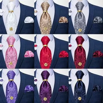 Модный мужской комплект галстуков, однотонный галстук с цветочным принтом и кольцом из сплава, шелковый галстук для свадьбы N-7263