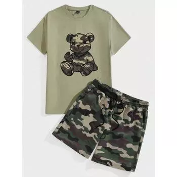Модный мужской комплект из двух предметов: футболка с круглым вырезом и коротким рукавом, камуфляжный рисунок с принтом медведя, футболка и шорты S