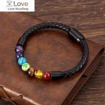 Модный мужской кожаный браслет с подвесками из натурального камня, бусины из нержавеющей стали, мужские панк-ювелирные изделия с магнитной застежкой, браслеты, аксессуары, подарок 21cm