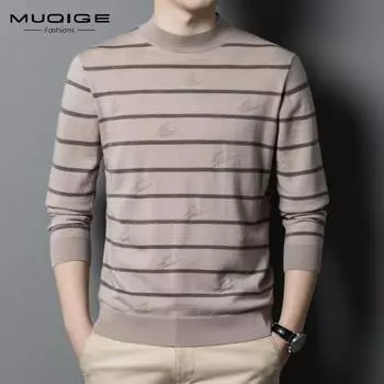 Модный мужской повседневный джемпер из овечьей шерсти, новый шерстяной свитер на весну и осень, мужской полосатый вязаный низ до середины шеи, рубашка 165