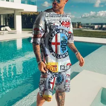 Модный мужской спортивный костюм, летняя рубашка с короткими рукавами и 3D принтом, наряд с круглым вырезом, дорожная уличная футболка, комплект мужской одежды оверсайз XS