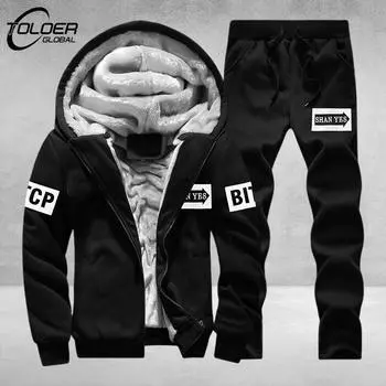 Модный мужской зимний флисовый спортивный костюм из двух предметов, повседневный принт с толстой меховой подкладкой, теплая спортивная одежда, куртка с капюшоном + спортивные штаны, костюм M