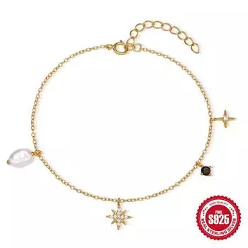 Модный наборный женский браслет из стерлингового серебра S925 с восьмиугольной звездой и бриллиантами особой формы и жемчугом 925 silver золотой