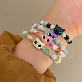 Модный нестандартный красочный браслет из бисера с милым котом, эластичный браслет из веревки, подарок на день рождения для девочки