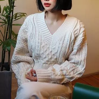 Модный новый короткий вязаный свитер со шнуровкой сзади, женские топы с длинным рукавом и V-образным вырезом, элегантный пуловер, свитера женские винтажные, однотонные, теплые, трикотажные, джемпер 24803 One Size белый