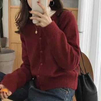 Модный новый круглый вырез короткий вязаный кардиган куртка женская осень зима свободная верхняя одежда женские кардиганы свитер с длинным рукавом однотонные свитера 24917 One Size хаки