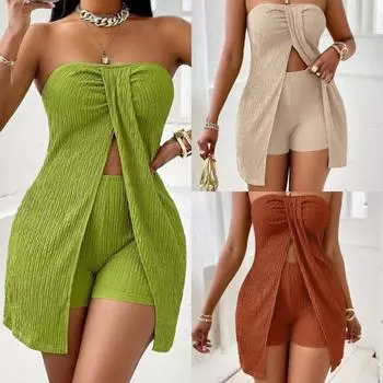 Модный новый облегающий повседневный летний комплект из двух частей с шортами, женский комплект из двух частей без рукавов и спины, женский однотонный костюм с шортами и высокой талией 25903 S жёлтый