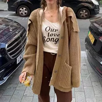 Модный новый повседневный свободный вязаный кардиган куртка женская осень и зима длинный рукав женский свитер пальто элегантный винтажный женский трикотажный кардиган 24785 One Size чёрный