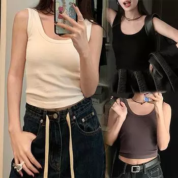 Модный облегающий летний жилет без рукавов, повседневные женские майки с подушечками на груди