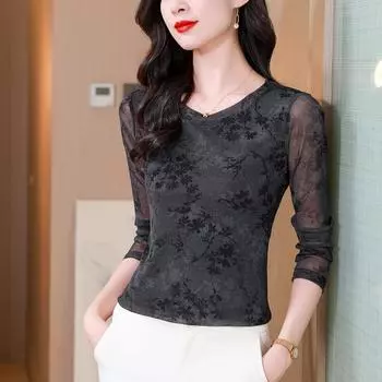 Модный обтягивающий сетчатый топ с длинными рукавами и V-образным вырезом на осень M чёрный