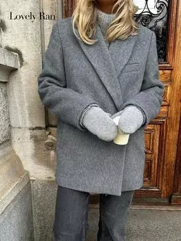 Модный однобортный пиджак, винтажное пальто с узором «гусиные лапки», куртка миди с длинными рукавами и лацканами, женская серая осенне-зимняя верхняя одежда S серый