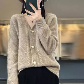 Модный однотонный кардиган осень-зима с длинными рукавами и V-образным вырезом, однобортный жаккардовый вязаный свитер S бежевый