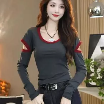 Модный однотонный облегающий топ с круглым вырезом и длинными рукавами для женщин M чёрный