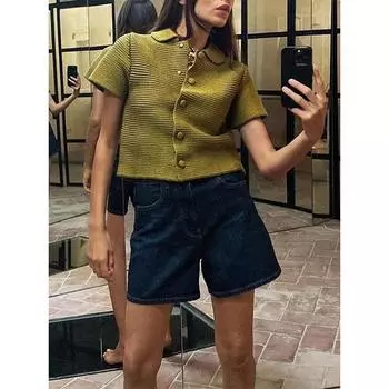 Модный однотонный повседневный вязаный кардиган с маленьким круглым лацканом и коротким рукавом S зелёный