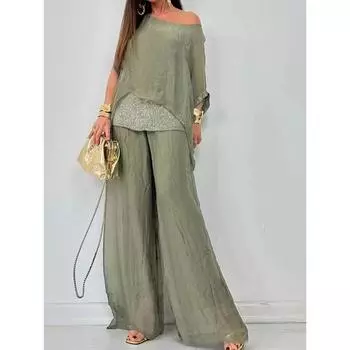 Модный однотонный шифоновый костюм для женщин, повседневный, с круглым вырезом, рукавами «летучая мышь», с пайетками, широкие брюки, комплект из двух предметов, лето XXXL чёрный