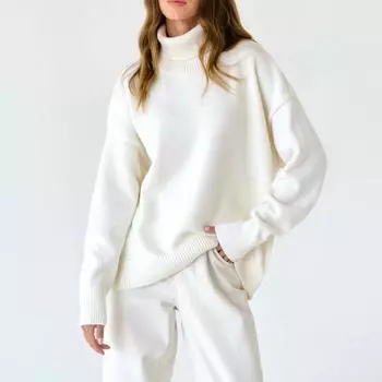 Модный однотонный свитер с высоким воротом и длинными рукавами, вязаный женский свитер для поездок на работу, свободный свитер с длинными рукавами, осенняя женская уличная одежда S белый
