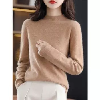 Модный однотонный свободный вязаный свитер для женщин с длинными рукавами и полувысоким воротником one size