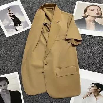 Модный однотонный свободный женский пиджак с короткими рукавами, летний тонкий срез, маленький рост, стильный, очаровательный хаки S хаки