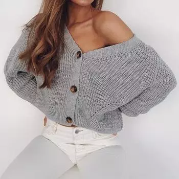Модный однотонный темный V-образный рукав-фонарик на пуговицах, свободный вязаный кардиган, верхнее пальто для женщин M белый