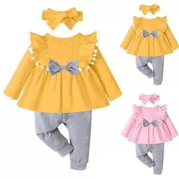 Модный однотонный топ с круглым вырезом и длинными рукавами для девочек + однотонные брюки 100 розовый