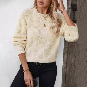 Модный однотонный витой пуловер женский вязаный свитер осень и зима новый ретро круглый вырез с длинными рукавами европейский и американский свитер S абрикосовый