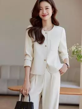 Модный офисный женский брючный костюм, женский черный, серый, бежевый, женский деловой костюм, куртка, пиджак и брюки, формальный комплект из 2 предметов S бежевый