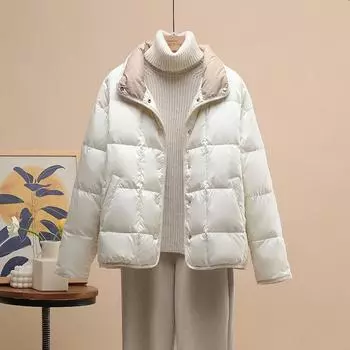 Модный осенне-зимний легкий женский пуховик 2024 однобортный короткий белый утиный пух теплый воротник-стойка S чёрный