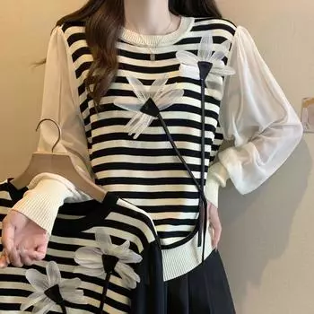 Модный осенне-зимний новый 3D цветочный полосатый длинный рукав сплайсированный вязаный свитер One size белый