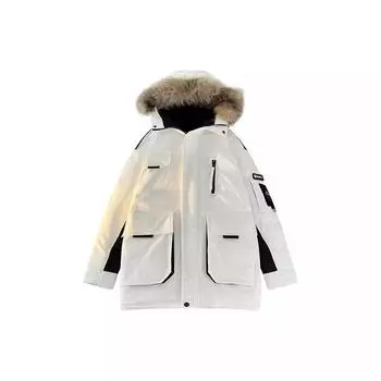 Модный осенне-зимний теплый стиль, преодолевающий простой большой меховой воротник, свободная утепленная куртка средней длины на белом утином пуху для мужчин и женщин M