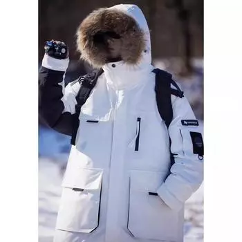 Модный осенне-зимний теплый стиль, преодолевающий простой большой меховой воротник, свободная утепленная куртка средней длины на белом утином пуху для мужчин и женщин M