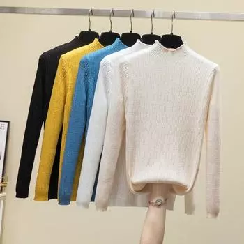 Модный осенне-зимний тонкий женский пуловер с длинными рукавами, свитер, повседневный однотонный свитер, трикотаж с высоким воротом, топы 28716 One Size абрикосовый