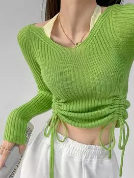 Модный осенне-зимний женский пуловер Y2k, футболки с длинными рукавами и плиссированной шнуровкой, базовый однотонный сексуальный топ S зелёный