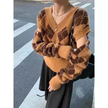 Модный осенне-зимний женский свитер с V-образным вырезом, новый вязаный топ, свободный съемный свитер с длинным рукавом, элегантная повседневная одежда 2590 One Size