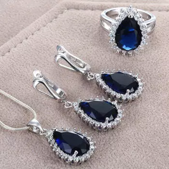 Модный овальный темно-синий сапфировый кристалл серебряного цвета, обручальное кольцо, серьги, ожерелье, комплект ювелирных изделий 9