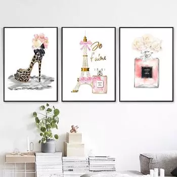 Модный плакат с Эйфелевой башней, парфюмерией, художественным принтом, леопардовая обувь, холст, живопись, Париж, модная настенная картина, салон, декор для комнаты для девочек 21x30cm No Framed