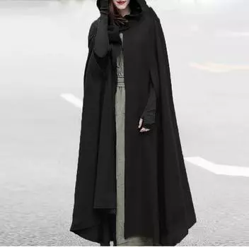 Модный плащ с длинными рукавами в стиле ретро, средневековый, готический, с капюшоном, тонкое пальто для женщин XL чёрный