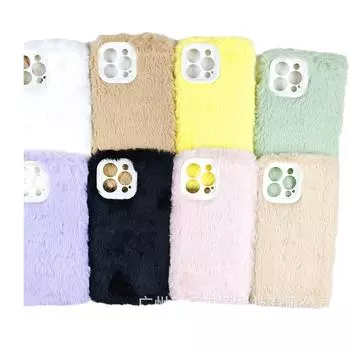 Модный плюшевый чехол для телефона Apple из меха кролика - милый и защитный чехол IP 14 Pro темно-коричневого