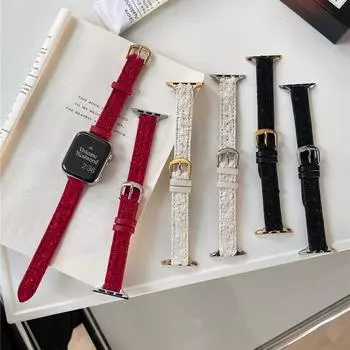 Модный плюшевый кожаный ремешок для Apple Watch Series 9, 8, 7, 6, 5, 4, 3, 2 Se 41, 45 мм, ремешок для часов для Iwatch, тонкий ремешок с пряжкой, 40 мм, 44 мм, аксессуары 38 40 41mm красный/золотой