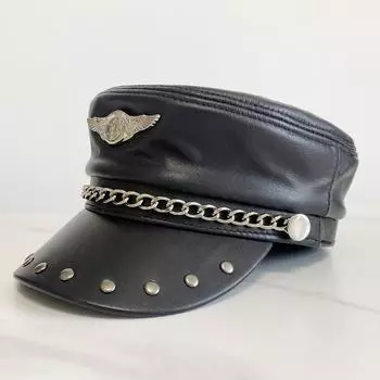 Модный показ, женская кепка из натуральной кожи в стиле милитари, новинка 2022 года, стильная кепка для девочек из натуральной овчины, студенческие школьные кепки, шапки с орлом, металлические L 55 56cm чёрный